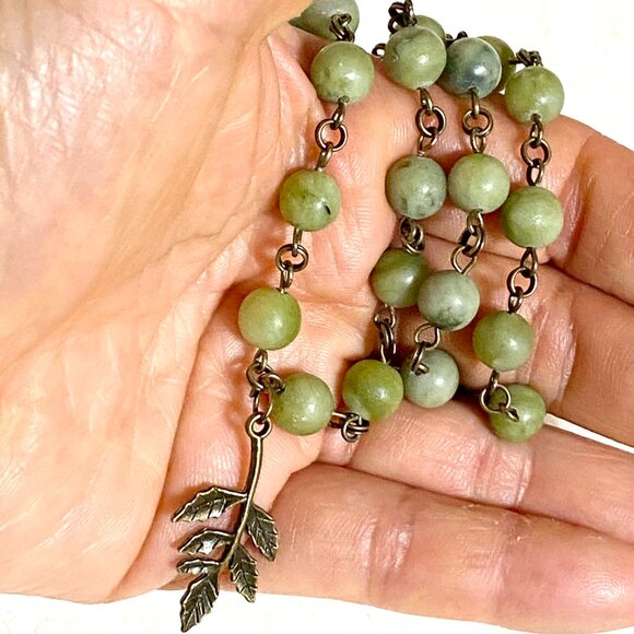 Natural Fern Green Serpentine Necklace, Bronze Leaf Branch + Genuine Gemstone - Picture 13 of 13